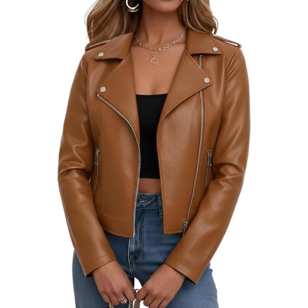 Women's Leather Jacket Faux Cropped Coat Cute Short Zip Up Rock Concert Brown